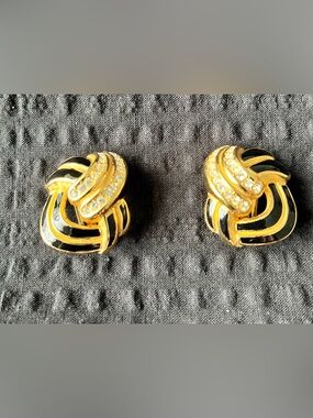 Christian Dior Gold and Black Enamel Crystal Clip-On Earrings